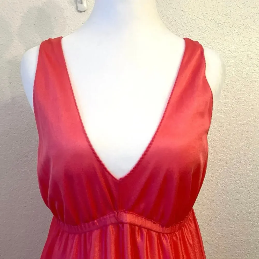 Vintage 70s Maxi Nylon Babydoll Slip Dress M Tiered Coral Pink Nightgown Lingeri